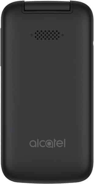 Alcatel Go Flip 3 rear view, closed, showing black clamshell exterior with speaker grille and Alcatel branding
