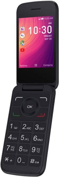 Alcatel Go Flip 3 open, showing pink home screen with time 10:30 and numeric keypad below