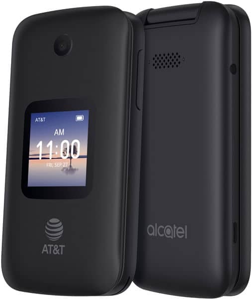 Alcatel Go Flip 3 open, front view showing display with time 11:00 and AT&T branding, rear panel visible on right side