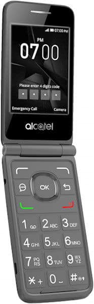 Alcatel GO FLIP phone, open position, displaying time 07:00 on upper screen with keypad visible below