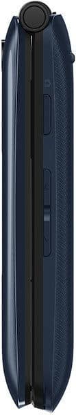 Alcatel GO FLIP phone, side view, closed showing dark blue textured exterior with central seam