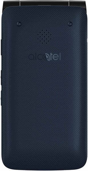 Alcatel GO FLIP rear view, closed, showing dark blue textured back with speaker grille and branding