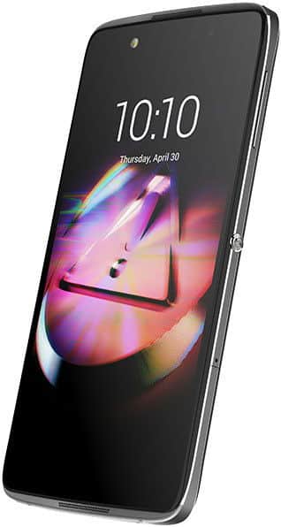 Alcatel Idol 4 smartphone front view with display showing 10:10 time and colorful abstract wallpaper