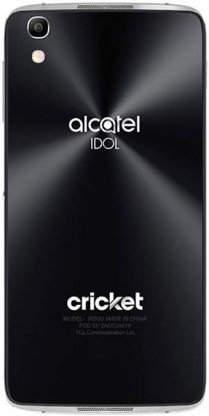 Alcatel Idol 4 rear view, black back with radial brushed metal pattern, camera and LED flash upper left, Cricket carrier branding