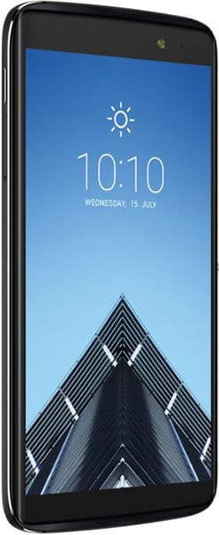 Front view of black Alcatel Idol 4S showing 10:10 and July 15 on screen, with blue sky and modern building background.