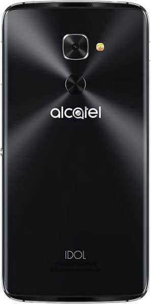 Rear view of black Alcatel Idol 4S with single camera, flash above Alcatel logo, and "IDOL" branding near the bottom.