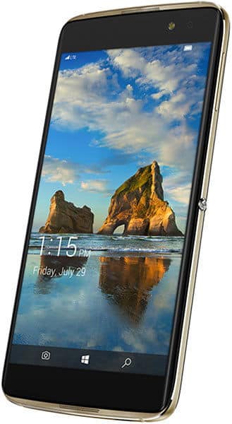 Alcatel Idol 4S with Windows, front view, displaying lock screen with rocky beach landscape and time 1:15
