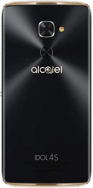 Alcatel Idol 4S with Windows rear view, black back panel with brushed metal texture, camera and LED flash, gold trim edges