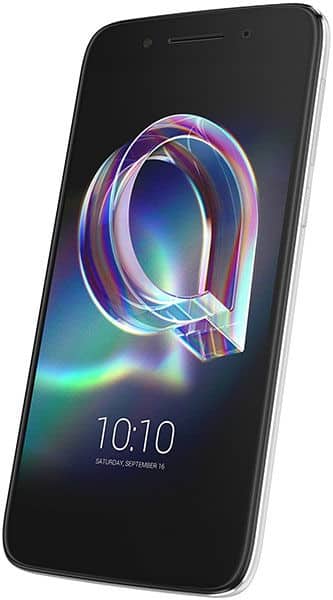 Alcatel Idol 5 smartphone shown from the front, displaying a colorful abstract "Q" logo and time 10:10 on its screen