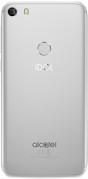 Alcatel Idol 5 rear view, silver, showing circular fingerprint sensor, dual camera with LED flash, and "IDOL" branding