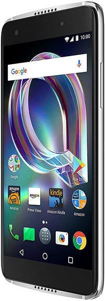 Alcatel Idol 5S front view showing home screen with Google search bar, colorful wallpaper, and app icons