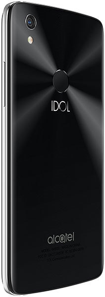Alcatel Idol 5S rear view, black phone with circular design pattern, camera and LED flash visible on upper left