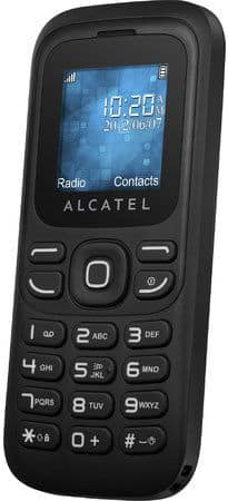 Alcatel One Touch 232 front view, black mobile phone with small blue display showing time, numeric keypad, and navigation buttons