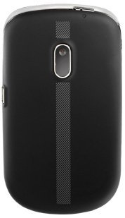 Alcatel One Touch 356 rear view, black phone with textured stripe down center and camera lens at top