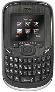 Alcatel One Touch 356 front view, black QWERTY phone with small screen displaying icons and physical keyboard below