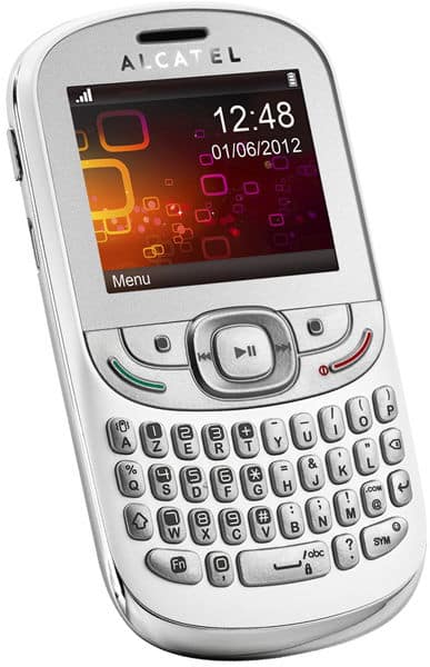 Alcatel One Touch 358 front view, white candybar phone with small screen displaying time and date, full QWERTY keyboard below, and navigation buttons