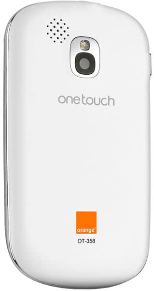 Alcatel One Touch 358 rear view, white phone with camera, speaker, and Orange branding