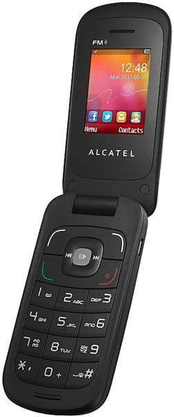 Alcatel One Touch 668 flip phone, open, showing colored screen and keypad with numeric and function buttons