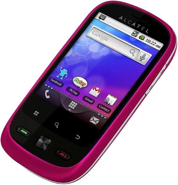 Alcatel One Touch 890 front view, magenta smartphone with touchscreen displaying home screen, Google search bar, and app icons