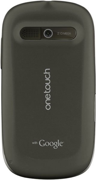 Alcatel One Touch 890 rear view, dark gray phone with speaker grille and 2.0 megapixel camera, "onetouch" and "with Google" branding visible
