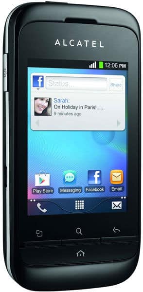 Alcatel One Touch 903 front view, displaying home screen with Facebook status update and app icons including Play Store, Messaging, Facebook, and Email