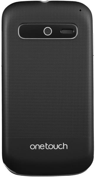 Alcatel One Touch 903 rear view, black flip phone with textured back and call and end buttons