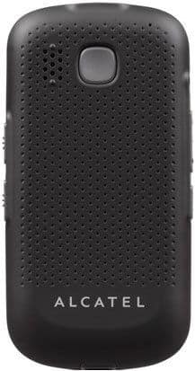 Alcatel One Touch A382G rear view, black phone with perforated textured back and camera lens