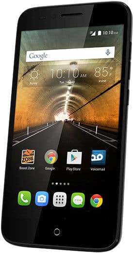 Alcatel One Touch Conquest front view, black smartphone displaying home screen with Google search bar, weather widget, and app icons including phone, messaging, and Chrome