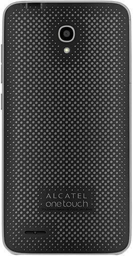 Alcatel One Touch Conquest rear view, showing black textured back panel with camera lens and branding