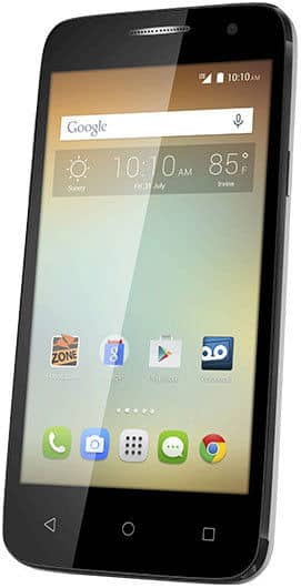 Alcatel One Touch Elevate front view, displaying home screen with weather widget, Google search bar, and app icons including phone, messaging, and Chrome