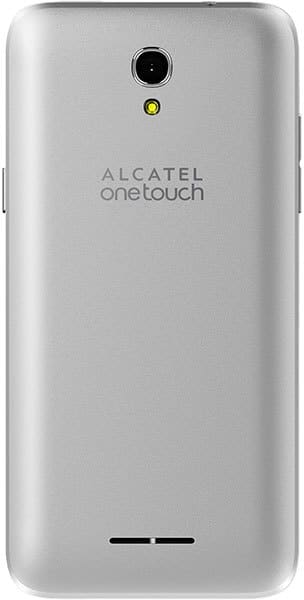 Alcatel One Touch Elevate smartphone, rear view, silver with camera and speaker visible