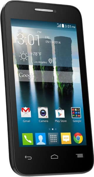 Alcatel One Touch Evolve 2 front view with home screen displaying weather, time, and app icons including Gmail, Camera, and Play Store