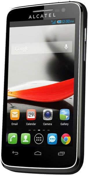 Alcatel One Touch Evolve front view, displaying home screen with Google search bar and app icons including Email, Calendar, Camera, and Gallery