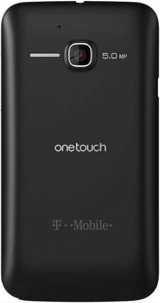 Alcatel One Touch Evolve rear view, black phone with 5.0 MP camera, T-Mobile branding visible
