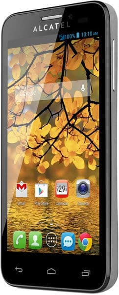 Alcatel One Touch Fierce smartphone, front view, displaying home screen with app icons and autumn foliage wallpaper