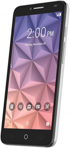 Alcatel One Touch Fierce XL front view displaying time 2:00 PM on purple geometric patterned home screen with app icons at bottom