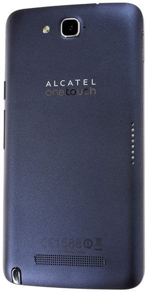 Alcatel One Touch Hero rear view, dark blue smartphone with camera and speaker visible