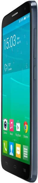 Alcatel One Touch Idol 2S smartphone displayed front-facing, showing turquoise home screen with colorful app icons and time display