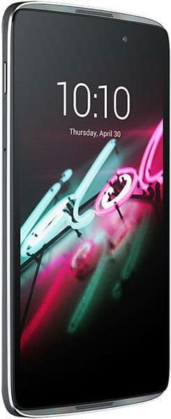 Alcatel One Touch Idol 3 (4.7-inch), angled front view, curved edge, screen shows 10:10 and April 30 over neon background.
