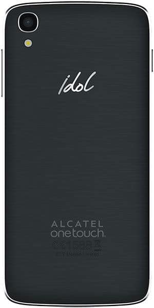 Rear view of Alcatel One Touch Idol 3 (4.7-inch) showing top-left camera, flash, and “idol” with “ALCATEL onetouch” branding.