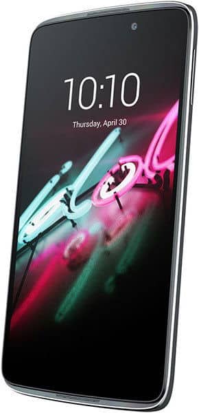 Alcatel One Touch Idol 3 front view with screen on, displaying time 10:10, date, and colorful abstract wallpaper with neon streaks