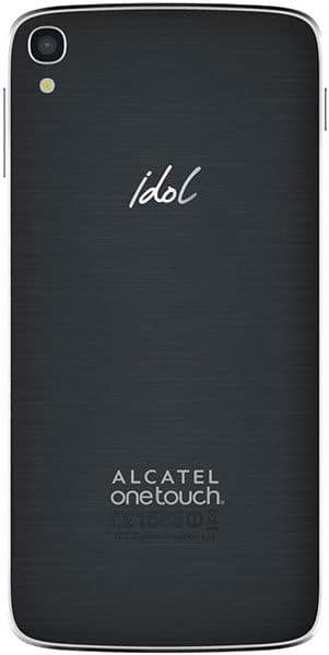 Alcatel One Touch Idol 3 smartphone rear view, black with silver trim and camera lens visible in upper left corner