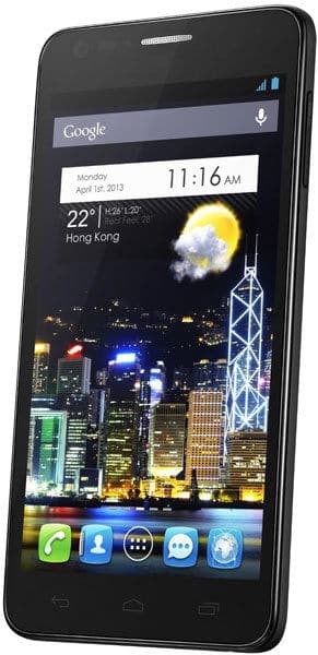 Front view of Alcatel One Touch Idol Ultra showing cityscape wallpaper, weather (22°C Hong Kong), and app icons at 11:16 AM.