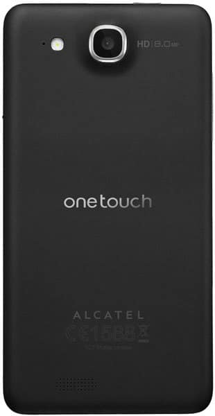 Rear view of Alcatel One Touch Idol Ultra in black showing camera with flash, HD 8.0 MP label, speaker, and dual branding.