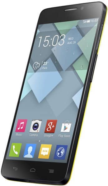 Alcatel One Touch Idol X smartphone front view with time 15:03 displayed, geometric wallpaper, and app icons including Music, Camera, and Play Store visible