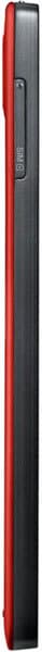 Alcatel One Touch Idol X, side view, showing red and black exterior with volume and power buttons