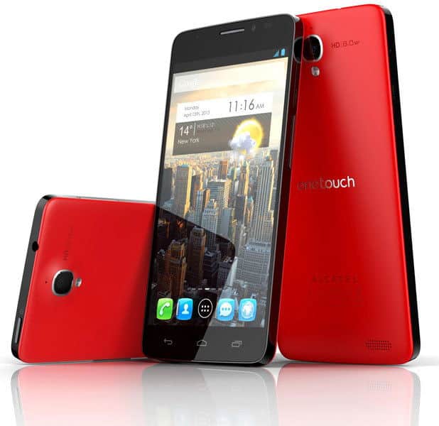 Alcatel One Touch Idol X smartphone shown from front, rear, and side angles, featuring a red back and black screen displaying a cityscape wallpaper