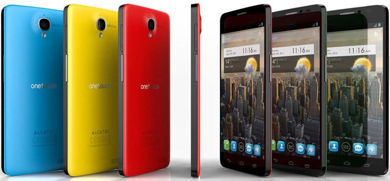 Alcatel One Touch Idol X phones in blue, yellow, and red, shown from rear and front with screens displaying cityscape wallpaper