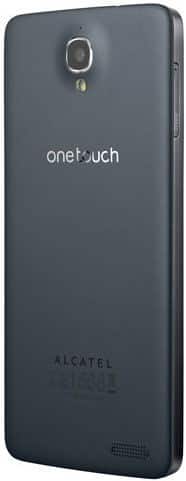 Alcatel One Touch Idol X rear view, showing dark gray back panel with camera lens, branding, and speaker grille