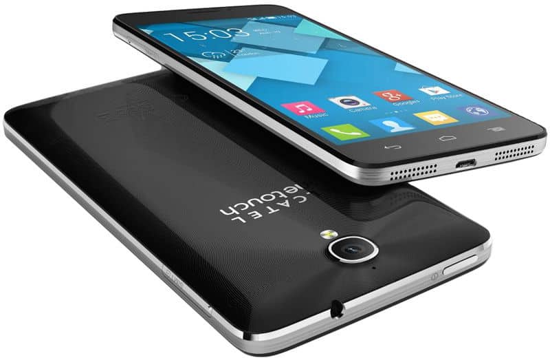 Alcatel One Touch Idol X+ front and rear views, showing blue homescreen and black back with camera and branding